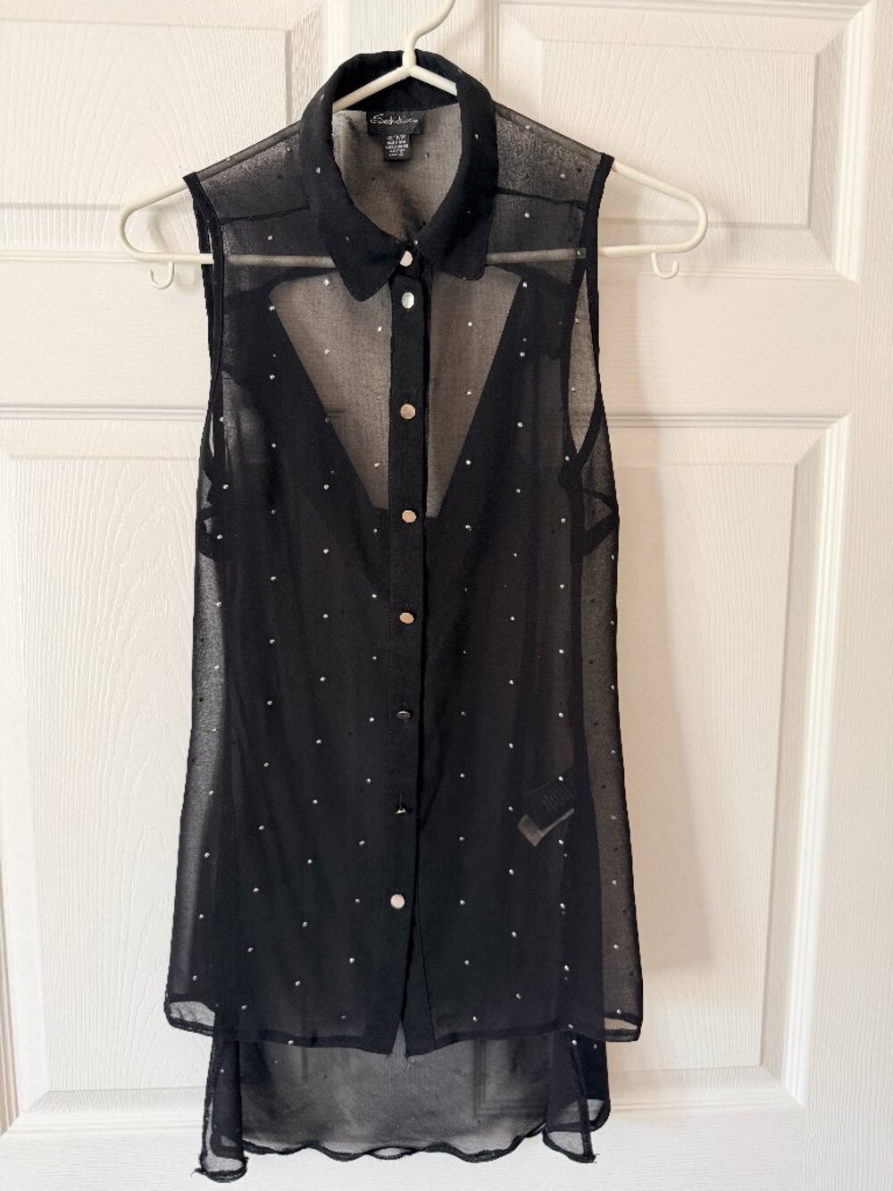 Seductions Sheer Silver Studded Black Chiffon Sleeveless Blouse in XSmall-Small